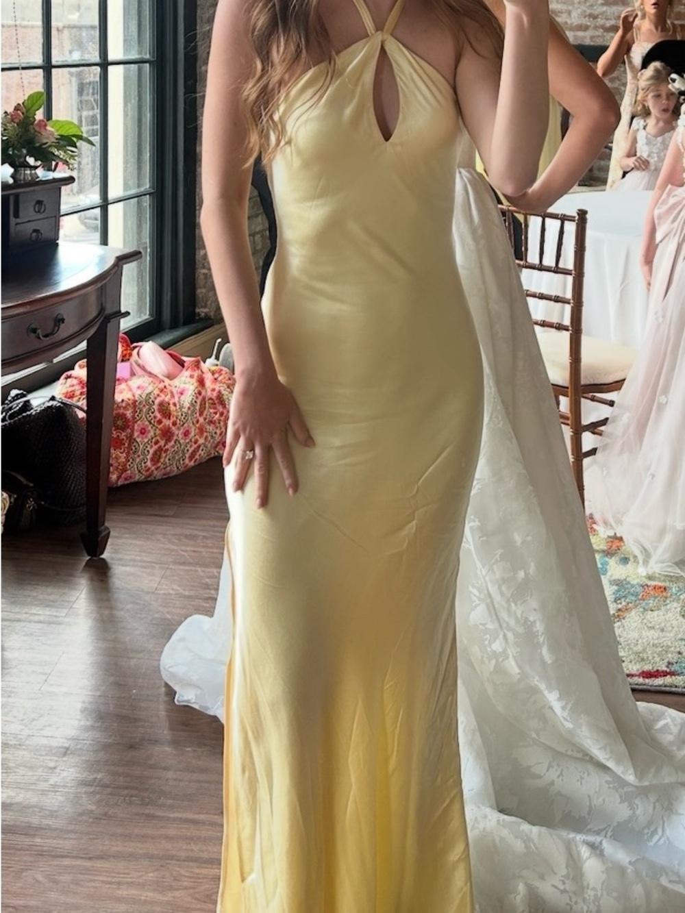 Hello Molly Satin Halter Maxi Dress in Butter Yellow